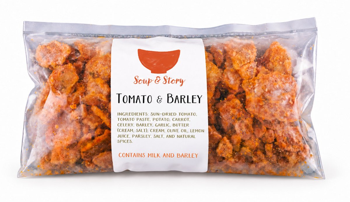A frozen single-portion package of Soup & Story Tomato & Barley soup